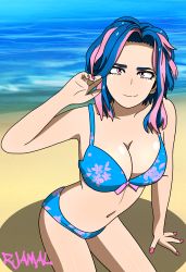 Rule 34 | 1girl, absurdres, arm at side, armpits, artist name, beach, bikini, blue bikini, blue hair, boku no hero academia, breasts, cleavage, clenched hand, collarbone, day, eyebrows, eyelashes, female focus, fingernails, floral print, hand rest, hand up, highres, lady nagant, large breasts, legs, looking at viewer, medium hair, midriff, multicolored hair, nail polish, navel, neck, ocean, outdoors, parted bangs, pink eyes, pink hair, playing with own hair, print bikini, red nails, rjamal, shiny clothes, shiny skin, sidelocks, sitting, smile, solo, summer, swimsuit, thighs, two-tone hair