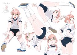 Rule 34 | 1girl, :3, absurdres, ahoge, alternate costume, alternate hairstyle, ass, breasts, buruma, double bun, hair bun, highres, kantai collection, looking at viewer, looking back, makigumo (kancolle), multiple views, ojipon, pink hair, rabbit, shirt, short hair, simple background, small breasts, spread legs, tongue, tongue out, white background, white shirt, yellow eyes