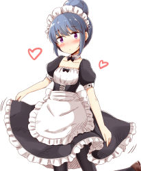Rule 34 | 1girl, aikawa ryou, alternate costume, black pantyhose, blue hair, blush, closed mouth, commentary request, detached collar, enmaided, frills, hair bun, heart, highres, looking at viewer, maid, maid headdress, pantyhose, puffy short sleeves, puffy sleeves, purple eyes, shima rin, short sleeves, simple background, single hair bun, solo, white background, yurucamp