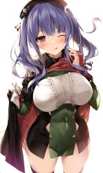 Rule 34 | 1girl, ;p, absurdres, azur lane, beret, black hat, blush, bra visible through clothes, breasts, cape, commentary request, covered navel, cowboy shot, dress, food, gloves, groin, hand up, hat, highres, holding, holding food, karory, large breasts, long hair, looking at viewer, multicolored clothes, multicolored dress, no panties, one eye closed, open mouth, pelvic curtain, pola (azur lane), purple hair, red cape, red eyes, short dress, simple background, single glove, skindentation, smile, solo, thighhighs, thighs, tongue, tongue out, twintails, white background, white gloves