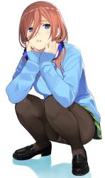 Rule 34 | 1girl, aqua sweater, black footwear, black pantyhose, blue eyes, blue sweater, breasts, commentary, eyelashes, full body, go-toubun no hanayome, green skirt, hair between eyes, hands on own chin, head rest, headphones, headphones around neck, highres, lips, long sleeves, looking at viewer, medium breasts, medium hair, mibu natsuki, miniskirt, nakano miku, panties, panties under pantyhose, pantyhose, pantyshot, parted lips, pleated skirt, red hair, shadow, shoes, simple background, skirt, sleeves past wrists, solo, squatting, sweater, underwear, white background, white panties