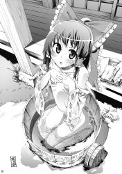Rule 34 | 1girl, :o, barefoot, bathing, blush, bow, breasts, bucket, covering privates, covering breasts, detached sleeves, female focus, from above, gengorou, greyscale, hair bow, hakurei reimu, highres, interlocked fingers, kneeling, large bow, looking up, monochrome, nude, nude cover, own hands clasped, own hands together, porch, ribs, shouji, sliding doors, solo, source request, squatting, staring, submerged, touhou, veranda, water, wet, wet clothes