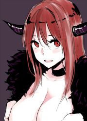 Rule 34 | 10s, 1girl, :d, blush, breast hold, breasts, choker, cleavage, collarbone, fur trim, horns, large breasts, maou (maoyuu), maoyuu maou yuusha, npt (calpis), open mouth, red eyes, red hair, simple background, sketch, smile, solo
