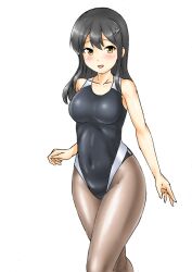 Rule 34 | alternate costume, black hair, black one-piece swimsuit, black pantyhose, breasts, brown eyes, collarbone, competition swimsuit, cowboy shot, hair ornament, hairclip, kantai collection, kudou (ooabareteng), looking at viewer, medium breasts, medium hair, one-piece swimsuit, open mouth, oyashio (kancolle), pantyhose, pantyhose under swimsuit, simple background, smile, swimsuit, white background