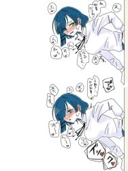 Rule 34 | 1girl, 2koma, blue hair, bocchi the rock!, comic, hair over one eye, highres, impossible clothes, moaning, stuck, through wall, white background, yamada ryo