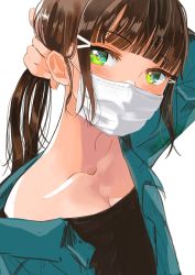 Rule 34 | 1girl, adjusting hair, bad id, bad twitter id, blush, breasts, brown hair, cleavage, collarbone, hair ornament, hairclip, highres, jacket, kawaoka sachio, long hair, looking at viewer, mask, mouth mask, neck, open clothes, open jacket, original, ponytail, solo, surgical mask, yellow eyes