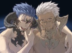 Rule 34 | 2boys, archer (fate), au ra, black nails, blue hair, collarbone, commentary request, cu chulainn (fate), dark-skinned male, dark skin, dragon horns, fate/stay night, fate (series), final fantasy, final fantasy xiv, fusion, gradient background, grey eyes, highres, horns, long hair, looking at viewer, male focus, mondi hl, monsterification, multiple boys, nail polish, open mouth, red eyes, scales, short hair, simple background, smile, tongue, tongue out, upper body