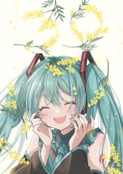 Rule 34 | 1girl, 39, :d, absurdres, blush, branch, closed eyes, collared shirt, detached sleeves, flower, frilled shirt, frills, hair ornament, hands on own cheeks, hands on own face, hatsune miku, headphones, highres, long hair, long sleeves, nagitofuu, nail polish, necktie, open mouth, shirt, smile, solo, twintails, vocaloid