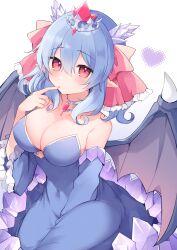 Rule 34 | 1girl, bare shoulders, blue dress, blue hair, blue sleeves, blush, bow, breasts, brown wings, cleavage, commentary request, commission, detached sleeves, dragon wings, dress, finger to mouth, frilled sleeves, frills, fukunoki tokuwa, hair between eyes, hair bow, hand up, heart, highres, large breasts, long sleeves, looking at viewer, original, red bow, red eyes, simple background, skeb commission, solo, strapless, strapless dress, tiara, white background, wide sleeves, wings