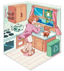 Rule 34 | 1boy, absurdres, animal slippers, arrow (symbol), artist name, bill (pokemon), brown hair, cabinet, commentary, creatures (company), eevee, english commentary, full body, game freak, gen 1 pokemon, hanging plant, heart, heart print, highres, indoors, kitchen, leg hair, long sleeves, looking at another, magicact, male focus, male underwear, nintendo, open mouth, plant, pointing, pokemon, pokemon (creature), pokemon lgpe, potted plant, print male underwear, recycle bin, recycling symbol, rice cooker, short hair, sink, slippers, standing, stove, underwear, window