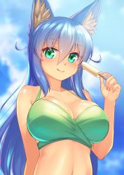 Rule 34 | 1girl, :q, absurdres, animal ear fluff, animal ears, bikini, blue hair, blush, breasts, cleavage, day, dripping, food, food on body, food on breasts, fox ears, fox girl, fox tail, fuyubare kiyo, green bikini, green eyes, hair between eyes, highres, holding, kyu (wein-seria), large breasts, long hair, looking at viewer, navel, original, outdoors, popsicle, solo, swimsuit, tail, tongue, tongue out, upper body, very long hair