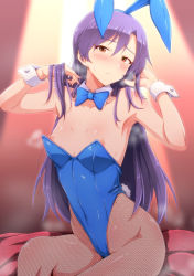 Rule 34 | 1girl, animal ears, bare shoulders, blue bow, blue bowtie, bow, bowtie, breasts, brown eyes, commentary request, detached collar, fake animal ears, fishnet pantyhose, fishnets, highres, idolmaster, idolmaster (classic), kisaragi chihaya, leotard, long hair, looking at viewer, nipples, pantyhose, playboy bunny, purple hair, rabbit ears, sitting, small breasts, solo, tengu (tetuo kun), thighs