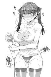 Rule 34 | 1girl, @ @, bad id, bad twitter id, blush, breasts, cameltoe, cleft of venus, collarbone, cowboy shot, dated, embarrassed, full-face blush, greyscale, hair ribbon, highres, hitachi magic wand, hololive, houshou marine, large breasts, long hair, mizuryu kei, monochrome, pussy juice, ribbon, sex toy, shirt, signature, simple background, solo, sweat, thighhighs, translation request, twintails, vibrator, virtual youtuber, wavy mouth, white background