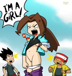 Rule 34 | 1girl, 2boys, ^^^, anger vein, angry, artist name, black hair, blush, brown hair, cleft of venus, clothes pull, cloud, english text, flashing, hat, highres, iwanoi, kagamiyama, kikuhime, long hair, medarot, multiple boys, navel, open mouth, outdoors, panties, pants, pants pull, ponytail, presenting, proving gender, pussy, sky, speech bubble, standing, surprised, tomboy, uncensored, underwear, watch, white panties, wristwatch, xierra099