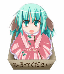 Rule 34 | 1girl, animal ears, bad id, bad pixiv id, box, chibi, dress, female focus, for adoption, from above, green eyes, green hair, in box, in container, kasodani kyouko, marino yuu, matching hair/eyes, open mouth, pink dress, sitting, solo, tears, text focus, touhou, translated