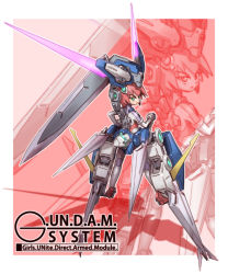 Rule 34 | 00s, 1girl, dual wielding, exia, fighting stance, full body, gundam, gundam 00, gundam exia, holding, holding weapon, king of unlucky, looking at viewer, machinery, mecha, mecha musume, red hair, robot, solo, standing, weapon, zoom layer