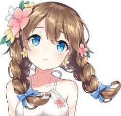 Rule 34 | 1girl, artist request, blue eyes, braid, brown hair, character request, copyright request, earrings, flower, hair flower, hair ornament, jewelry, long hair, non-web source, source request, twin braids, twintails, upper body