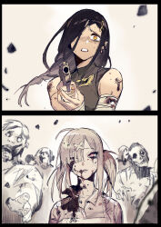 Rule 34 | 2girls, 865791642, absurdres, blood, blood on face, braid, breasts, brown hair, colored skin, eyes visible through hair, finger on trigger, grey hair, grey skin, gun, hair ornament, hair over one eye, handgun, highres, holding, holding gun, holding weapon, large breasts, long braid, long hair, looking at viewer, mole, mole under eye, multicolored hair, multiple girls, nijisanji, open mouth, orange eyes, shirayuki tomoe, shirayuki tomoe (1st costume), single braid, sukoya kana, sukoya kana (1st costume), undead, virtual youtuber, weapon, x hair ornament, zombie, zombification