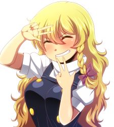 Rule 34 | 1girl, amazon (taitaitaira), arm up, black dress, blonde hair, blush, bow, braid, breasts, buttons, closed eyes, closed mouth, commentary request, double v, dress, fang, fingernails, hair between eyes, hair bow, hands up, highres, kirisame marisa, long fingernails, long hair, medium breasts, no headwear, puffy short sleeves, puffy sleeves, purple bow, shirt, short sleeves, single braid, smile, solo, teeth, touhou, v, v-shaped eyebrows, white shirt