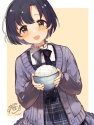 Rule 34 | black hair, blue dress, blush, bow, bowl, bowtie, buttons, cardigan, checkered clothes, checkered dress, commentary request, dress, food, highres, holding, holding bowl, idolmaster, idolmaster cinderella girls, long sleeves, looking at viewer, mmmakaron888, open mouth, purple cardigan, purple eyes, rice bowl, shiragiku hotaru, shirt, short hair, signature, simple background, smile, upper body, white shirt
