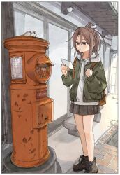 Rule 34 | 1girl, backpack, bag, black footwear, black skirt, boots, brown eyes, brown hair, envelope, full body, grey jacket, highres, hinata hibari, hood, hooded sweater, jacket, japanese cylindrical postbox, japanese postal mark, kantai collection, official alternate costume, pleated skirt, ponytail, postbox (outgoing mail), skirt, solo, sweater, white sweater, zuihou (kancolle)