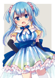 Rule 34 | 1girl, :o, asanagi kurumi (panda-doufu), black gloves, blue dress, blue eyes, blue hair, blush, breasts, dress, earrings, eighth note, elbow gloves, frilled dress, frills, gloves, gradient dress, grey background, hair between eyes, hair ornament, hair scrunchie, highres, jewelry, long hair, looking at viewer, magia record: mahou shoujo madoka magica gaiden, mahou shoujo madoka magica, minami rena, musical note, open mouth, pink scrunchie, scrunchie, small breasts, solo, striped clothes, striped dress, thighhighs, two-tone background, two side up, vertical-striped clothes, vertical-striped dress, white background, white thighhighs