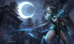 Rule 34 | 1girl, absurdres, architecture, armor, blade, blood, breasts, brown hair, building, city, claws, cleavage, cloud, crescent moon, east asian architecture, eclipse, electricity, hair ornament, highres, long hair, moon, night, ninja, open mouth, outdoors, parted lips, skull hair ornament, solo, town, very long hair, weapon, xiaoguimist