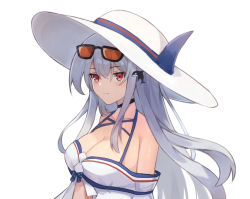 Rule 34 | 1girl, arknights, bare shoulders, black choker, breasts, choker, cleavage, closed mouth, collarbone, commentary request, eyewear on head, hair between eyes, hair ornament, hat, long hair, looking at viewer, medium breasts, multico, off-shoulder shirt, off shoulder, official alternate costume, orca hair ornament, red eyes, shirt, silver hair, simple background, skadi (arknights), skadi (waverider) (arknights), smile, solo, sun hat, sunglasses, swimsuit, upper body, very long hair, white background, white hat, white shirt