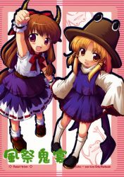Rule 34 | 2girls, ayami chiha, blonde hair, bow, brown hair, child, cover, cover page, female focus, frog, hair bow, hat, highres, horns, ibuki suika, moriya suwako, multiple girls, open mouth, oversized clothes, purple eyes, smile, touhou, wrist cuffs, yellow eyes