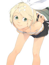 Rule 34 | 1girl, akinbo (hyouka fuyou), bent over, blonde hair, blue eyes, camisole, downblouse, flat chest, green eyes, hair ornament, hair ribbon, hairclip, jewelry, kagamine rin, musical note, necklace, ribbon, short hair, skirt, smile, solo, vocaloid