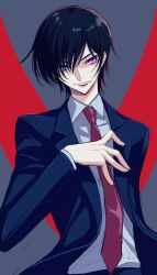 Rule 34 | 1boy, bellomi918, black hair, black jacket, closed mouth, code geass, collared shirt, commentary, cowboy shot, english commentary, formal, geass, grey background, hair over one eye, hand on own chest, highres, jacket, lelouch vi britannia, long sleeves, looking at viewer, male focus, necktie, open clothes, open jacket, purple eyes, red background, red necktie, shirt, short hair, sidelighting, simple background, smirk, solo, suit, white shirt, wing collar