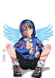 Rule 34 | 1girl, absurdres, bike shorts, flat chest, goggles, graffiti, highres, mikado ryouma, multicolored hair, my little pony, my little pony: friendship is magic, personification, rainbow dash, short hair, simple background, solo, wings