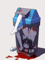 Rule 34 | 1girl, black hair, blood, bloody handprints, blue archive, cum, cum in pussy, decapitation, empty eyes, ero guro, grey background, guro, handprint, highres, langbazi, miyu (blue archive), nude, red eyes, rolling eyes, severed head, severed limb, simple background, solo, thighhighs, torn clothes, trash can, white thighhighs, x-ray