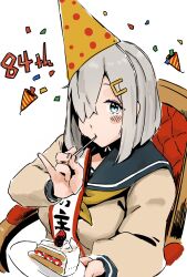 1girl absurdres adapted_costume blue_eyes blue_sailor_collar brown_sweater cake chair eating food grey_hair hair_over_one_eye hamakaze_(kancolle) hat highres kantai_collection neckerchief party_hat party_popper sailor_collar sash school_uniform serafuku short_hair shoulder_sash solo sweater upper_body wasavi_8 yellow_neckerchief