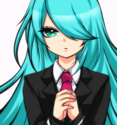 Rule 34 | 1girl, aoi shouko, black jacket, blue hair, collared shirt, eyelashes, fingernails, fujiwhite182, green eyes, hair over one eye, jacket, long hair, long sleeves, looking at viewer, necktie, own hands clasped, own hands together, parted lips, pink necktie, pop&#039;n music, shirt, simple background, solo, suit jacket, upper body, very long hair, white background, white shirt