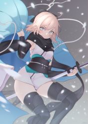 Rule 34 | 1girl, black thighhighs, fate/grand order, fate (series), grey eyes, highres, holding, holding sword, holding weapon, japanese clothes, katana, koha-ace, lanzi (415460661), looking at viewer, okita souji (fate), okita souji (koha-ace), pink hair, scarf, short hair, smile, solo, sword, thighhighs, weapon