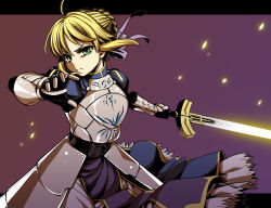Rule 34 | 1girl, ahoge, armor, armored dress, artoria pendragon (fate), blonde hair, dress, excalibur (fate/stay night), face, fate/stay night, fate (series), fire, gauntlets, glowing, glowing sword, glowing weapon, green eyes, hair ribbon, ribbon, saber (fate), solo, sword, uousa-ou, weapon