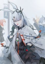 Rule 34 | 4girls, animal ears, arknights, bad id, bad pixiv id, beagle (arknights), belt buckle, black gloves, blonde hair, blue eyes, blue hair, blurry, blurry background, buckle, chinese commentary, coat, fang (arknights), fang (cruciata) (arknights), frostnova (arknights), gloves, hair ornament, hair over one eye, highres, id card, kroos (arknights), long hair, looking at viewer, multiple girls, official alternate costume, orange hair, outstretched hand, rabbit ears, reaching, reaching towards viewer, scar, scar on face, scar on nose, sidelocks, solo focus, torii vita asayoru, white coat, white hair