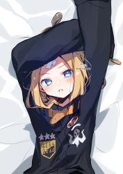 Rule 34 | 1girl, abigail williams (fate), abigail williams (traveling outfit) (fate), absurdres, arms up, bed sheet, black jacket, blonde hair, blue eyes, bow, crossed bandaids, fate/grand order, fate (series), hair bow, hair bun, heroic spirit traveling outfit, highres, jacket, long sleeves, looking at viewer, lying, official alternate costume, on back, parted bangs, parted lips, signature, single hair bun, sleeves past fingers, sleeves past wrists, sofra, solo, star (symbol), twitter username, upper body