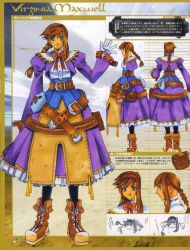 Rule 34 | 1girl, ahoge, bag, belt, blue eyes, boots, bow, braid, brown hair, character name, dress, from behind, full body, gloves, hairband, handbag, jacket, long hair, long sleeves, official art, ooba wakako, pantyhose, purple dress, red hairband, ribbon, scan, scan artifacts, sidelocks, smile, solo, virginia maxwell, wild arms, wild arms 3