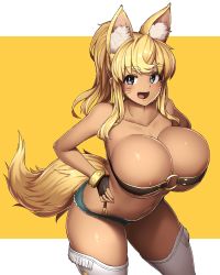 Rule 34 | 1girl, animal ear fluff, animal ears, areola slip, belt bra, black gloves, blonde hair, blue eyes, blush, breasts, commentary request, commission, cowboy shot, dark-skinned female, dark skin, denim, denim shorts, extra ears, facial mark, fangs, fingerless gloves, gloves, highres, huge breasts, leaning forward, liru, long hair, looking at viewer, makino momiji (artist), o-ring, o-ring top, open mouth, pixiv commission, ponytail, renkin san-kyuu magical pokaan, short shorts, shorts, simple background, smile, solo, tail, tan, thighhighs, two-tone background, whisker markings, white background, white thighhighs, wolf ears, wolf girl, wolf tail