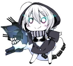 Rule 34 | 10s, 1girl, abyssal ship, ahoge, backpack, bag, bare legs, bikini, bikini top only, black bikini, black bra, blush stickers, bob cut, bra, cannon, center opening, chibi, closed mouth, deformed, full body, glowing, glowing eyes, hair between eyes, hood, hooded jacket, jacket, kantai collection, leaning forward, long sleeves, miyoshi (triple luck), no nose, no pupils, o-ring, o-ring bikini, o-ring top, o o, open clothes, open jacket, outstretched arms, pale skin, personification, re-class battleship, scarf, shoes, short hair, silver hair, simple background, sleeves past wrists, smile, solid circle eyes, solo, spread arms, standing, striped clothes, striped scarf, swimsuit, teeth, underwear, unzipped, white background, zipper
