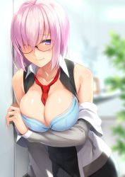 Rule 34 | 1girl, against wall, bare shoulders, between breasts, blue bra, blush, bra, breasts, cleavage, fate/grand order, fate (series), glasses, hair over one eye, large breasts, leaning, looking at viewer, mash kyrielight, necktie, necktie between breasts, off shoulder, prime, purple eyes, purple hair, red necktie, short hair, solo, underwear