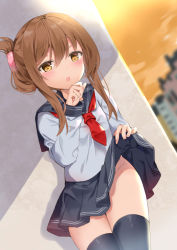 Rule 34 | 1girl, anchor symbol, black sailor collar, black skirt, blurry, blush, brown eyes, brown hair, chestnut mouth, closed mouth, clothes lift, commentary request, day, depth of field, folded ponytail, groin, hair between eyes, hair ornament, hairclip, half-closed eyes, inazuma (kancolle), kantai collection, lifted by self, long hair, long sleeves, looking at viewer, neckerchief, no panties, open mouth, orange sky, outdoors, pleated skirt, red neckerchief, sailor collar, school uniform, serafuku, shirt, skirt, skirt lift, sky, solo, standing, sugisaki yuu, thighhighs, white shirt