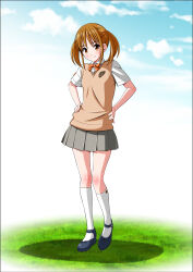 1girl absurdres black_eyebrows blush body_blush bow breasts brown_eyes brown_hair brown_sweater_vest buttons choppy_bangs closed_mouth collared_shirt crest full_body grass grey_skirt hair_behind_ear hands_on_own_hips highres kneehighs koeda0111 looking_at_viewer mary_janes medium_hair miniskirt original pleated_skirt school_uniform shirt shoes short_sleeves sidelocks skirt sky slim_legs small_breasts smile socks solo standing straight-on sweater_vest t-shirt tendou_erika twintails white_shirt white_socks yotsuba_no_senki_clover_rose