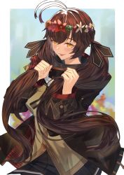 Rule 34 | 1girl, absurdres, antenna hair, blush, brown hair, commission, girls&#039; frontline, hair ribbon, highres, holding, holding hair, jacket, lips, long hair, looking at viewer, m14 (girls&#039; frontline), m14 (mod3) (girls&#039; frontline), open mouth, pleated skirt, ribbon, shiraki art, skirt, smile, solo, twintails, very long hair, yellow eyes