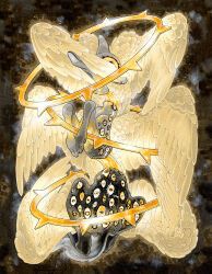 Rule 34 | 1other, abstract background, angel, angel wings, animal focus, biblically accurate angel, colored sclera, cyclops, deer, extra eyes, fawn, feathered wings, feathers, fleebites, grey fur, halo, highres, monochrome, multiple wings, no humans, one-eyed, original, seraph, spiked halo, too many eyes, white eyes, wings, yellow eyes, yellow feathers, yellow halo, yellow sclera, yellow theme, yellow wings