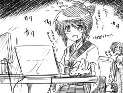 Rule 34 | artist self-insert, bad id, bad pixiv id, cable, chair, computer, glasses, greyscale, laptop, monochrome, original, smile, sora no amagumo, translation request, typing