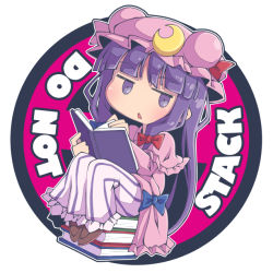 Rule 34 | 1girl, :&lt;, blunt bangs, blush, book, book stack, chibi, circle, commentary request, crescent, crescent pin, dress, english text, full body, hair ribbon, hat, holding, holding book, long hair, mob cap, no nose, no symbol, open book, outline, patchouli knowledge, purple dress, purple eyes, purple hair, reading, ribbon, shoes, sidelocks, simple background, sitting on books, solo, striped clothes, striped dress, touhou, tress ribbon, triangle mouth, very long hair, zawa (zawzawranran2)