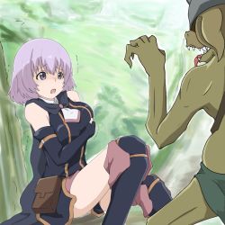 Rule 34 | 10s, 1girl, bare shoulders, black gloves, detached sleeves, fangs, fingerless gloves, gloves, gobanme no mayoi neko, goblin, hai to gensou no grimgar, highres, imminent rape, monster, pelvic curtain, pouch, purple eyes, purple hair, scared, shihoru (grimgar), short hair, solo focus, thighhighs, thighs, tongue, tongue out, trembling